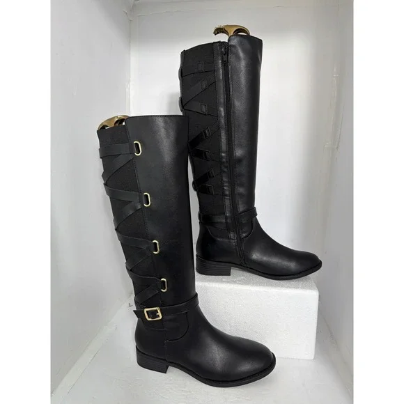 Wild Diva Veronika Black Knee High Cage Back Elastic Strap Riding Boots 7.5M