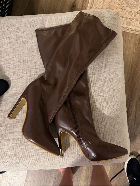 Classic Brown Leather Knee-High Heel Boots