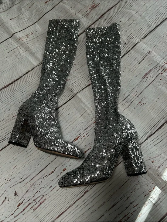 Dolce & Gabbana Silver Sequin Knee-High Block Heel Sock Boots Sz 37