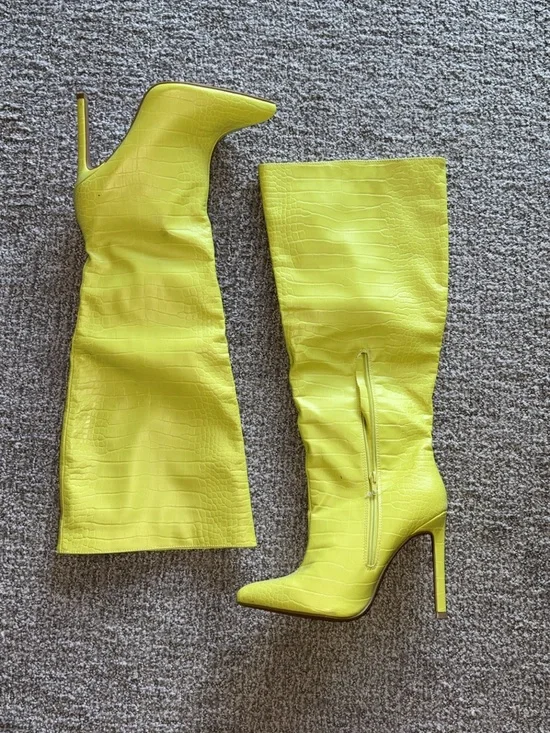 SHEIN Neon Yellow Croc-Embossed Over-the-Knee Stiletto Boots