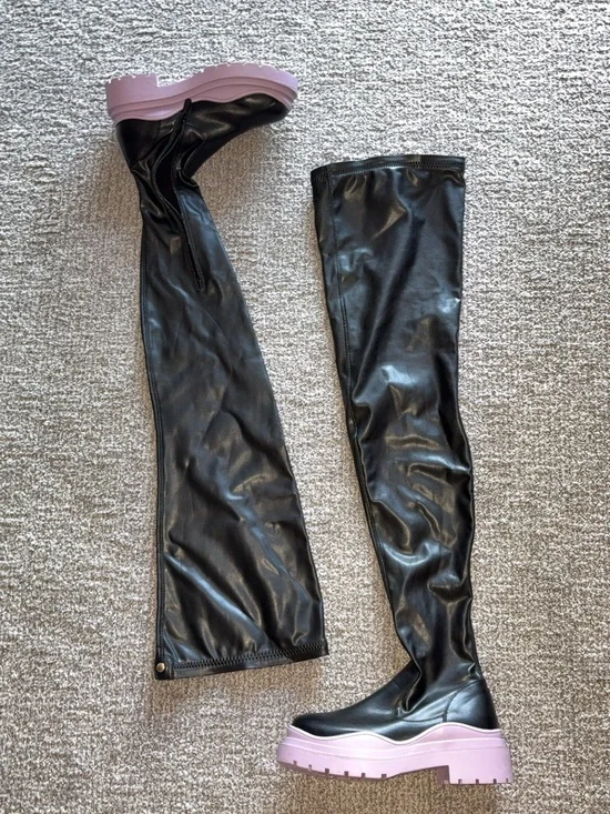 EGO Black Over-the-Knee Platform Boots with Pink Soles