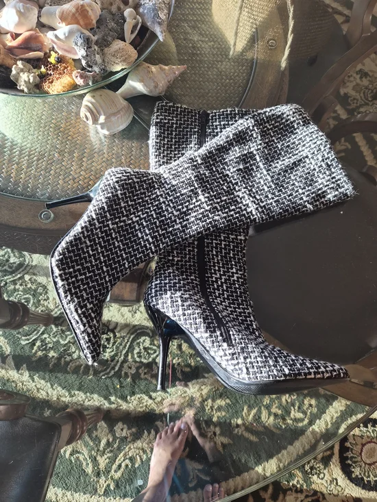 Black & White Tweed Knee-High Pointed Toe Stiletto Boots