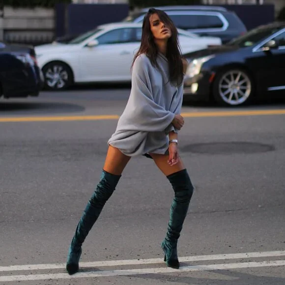Beautiisoles by Robyn Shreiber Marilia Thigh High Green Floral Velvet Boots