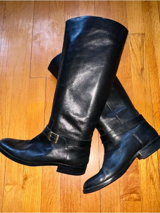 Etienne Aigner Black Over-the-Knee Leather Boots with Buckle
