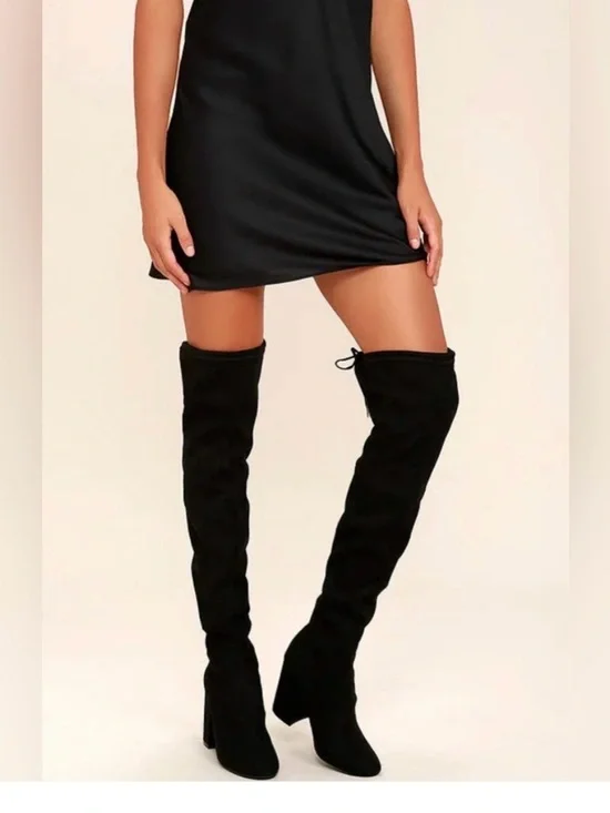 Steve Madden Norri Over-the-Knee Black Suede Block Heel Boots - Women's