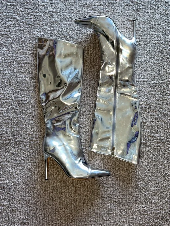 Amazon Silver Over-the-Knee Stiletto Boots - Pointed Toe