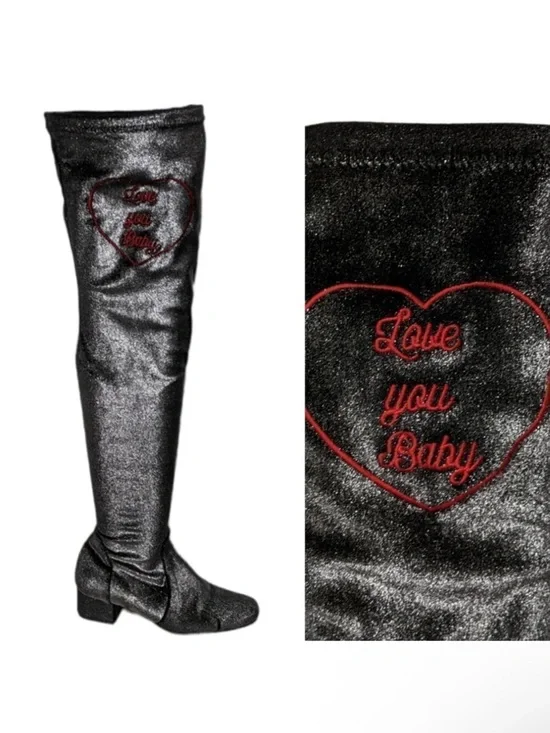 CHIARA FERRAGNI Metallic Glitter Love Stretch Over the Knee Boots 38