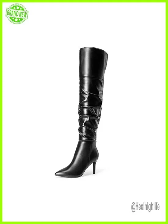 Over The Knee Thigh High Stiletto Heeled Boots Pointed Toe Slouchy Faux Leather