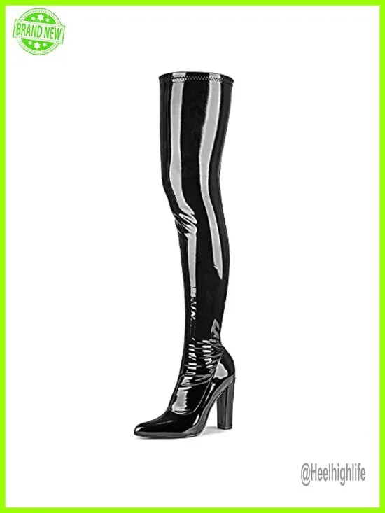 Patent Leather PU Pointed Toe Block Heel Over the Knee Boots Gogo Chunky Heel