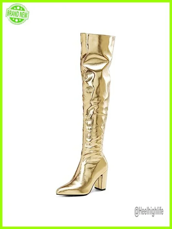 Women's Metallic Over the Knee High Boots Pointed Toe Chunky Mid Heel Thigh