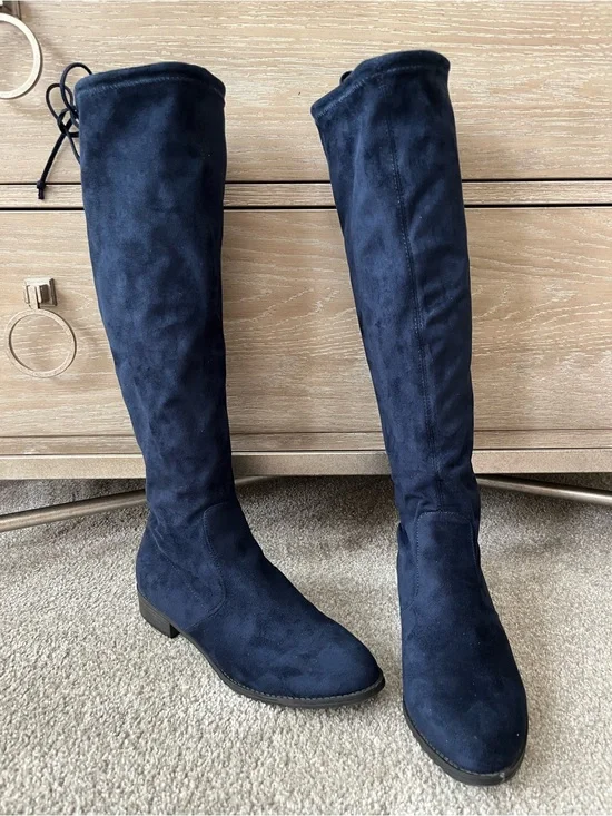 Unisa Navy Blue Faux Suede Pull On Tall Boots Sz 7.5 1