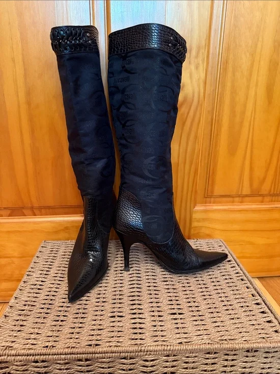 Just Cavalli Black Faux-Croc Stiletto Boots