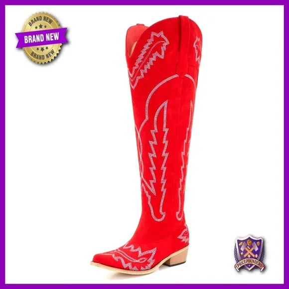 Western Cowgirl Boots Over the Knee Wide Calf Plus Size Mid Heel