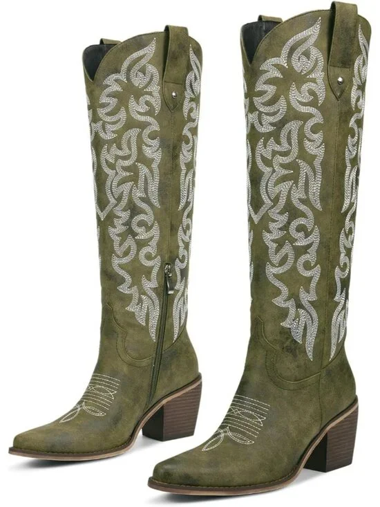 Women's Army Green Knee High Cowboy Boots Chunky Heel Leather Chunky Heel Pull