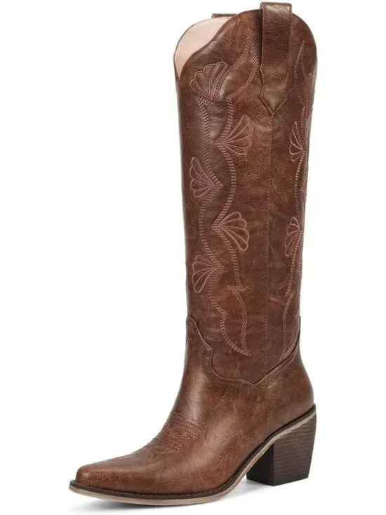 Women's Red Brown Chunky Heel Slip on Pointed Knee High Cowgirl Tall Boots