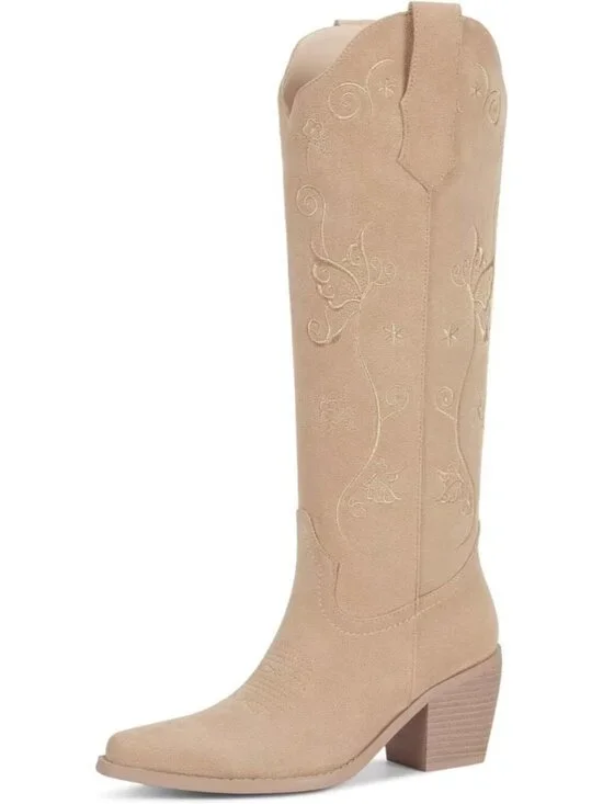 Women's Apricot Chunky Heel Slip on Pointed Knee High Cowgirl Tall Boots