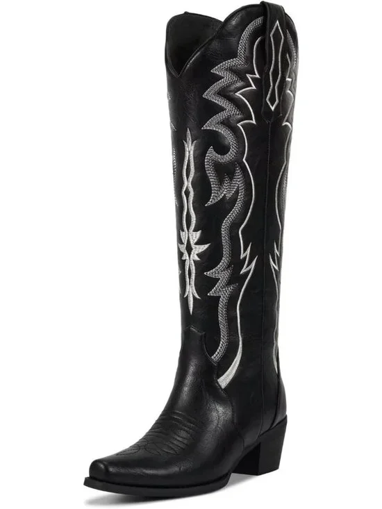 Women's Matte Black Chunky Heel Slip on Pointed Knee High Cowgirl Tall Boots