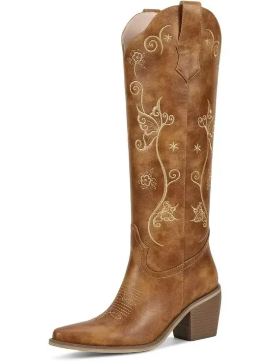 Women's Light Brown Chunky Heel Slip on Pointed Knee High Cowgirl Tall Boots