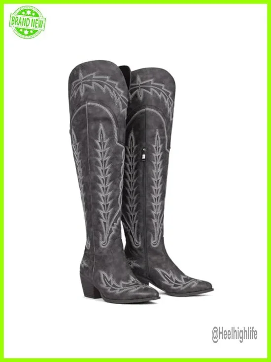 Thigh High Cowboy Boots Embroidered Chunky Heel Side Zip Over The Knee Wide