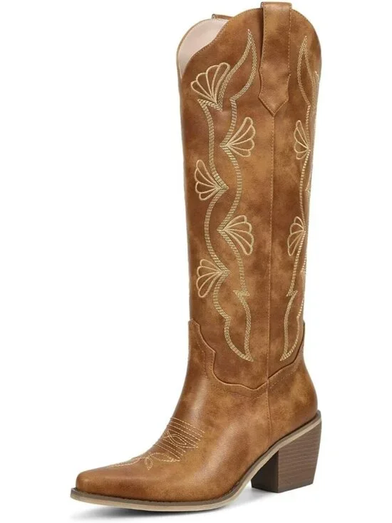 Women's Matte Brown Chunky Heel Slip on Pointed Knee High Cowgirl Tall Boots