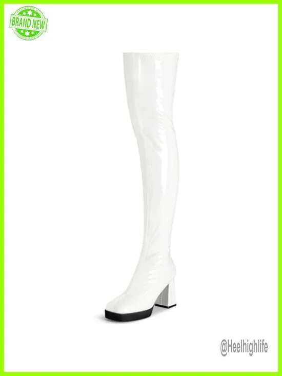 Platform Thigh High Boots Square Toe Chunky Heels Patent Leather PU Over The