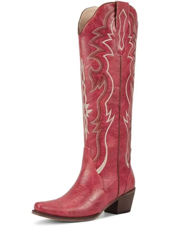 Women's Matte Red Chunky Heel Slip on Pointed Knee High Cowgirl Tall Boots