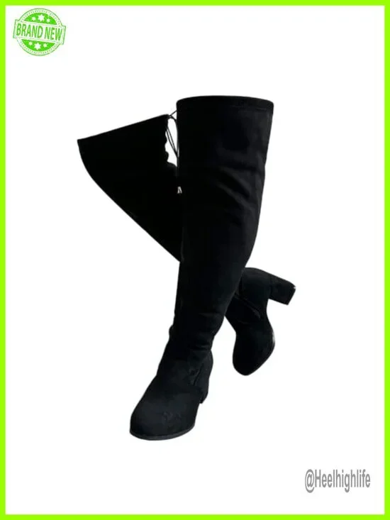 Wide Calf Over Knee Tall Boots Chunky Block Heel Suede