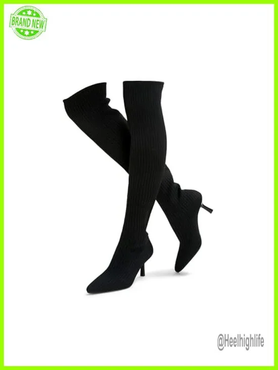 Over the Knee Knit Boots High Heel Thigh High Socks Boots Pointed Toe