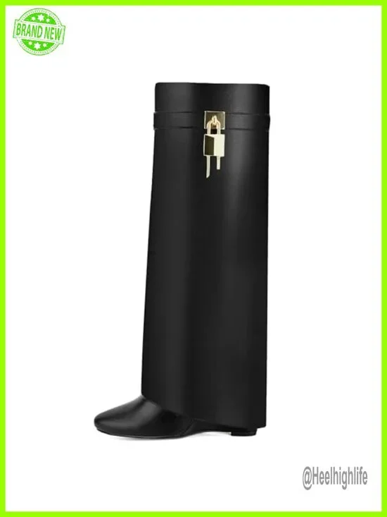 Faux Leather Fold Over Knee High Wedge Boots Pointy Toe Side Zipper