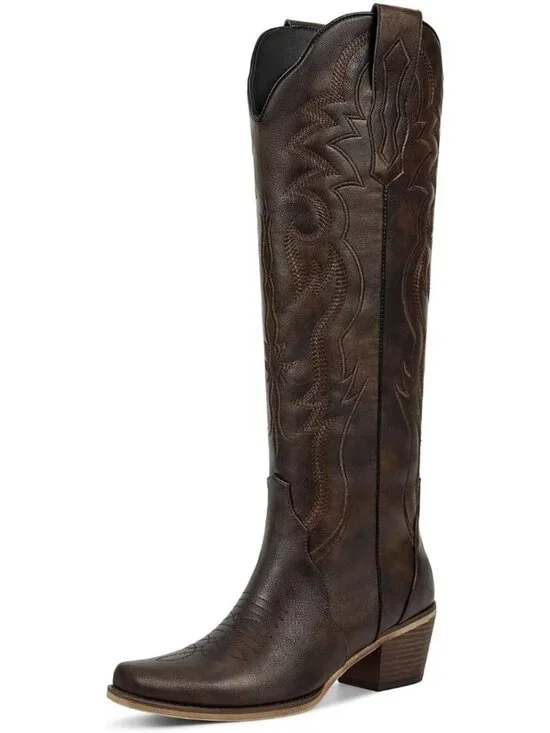 Women's Dark Brown Chunky Heel Slip on Pointed Knee High Cowgirl Tall Boots