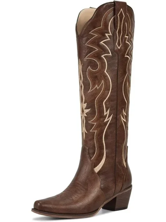 Women's Brown Chunky Heel Slip on Pointed Knee High Cowgirl Tall Boots
