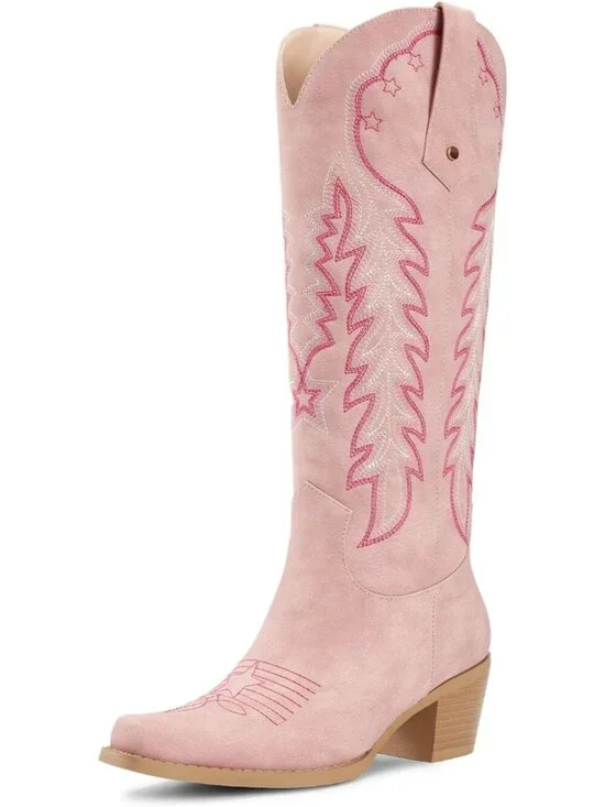 Women's Pink Cowboy Knee High Cowgirl Boots Pointed Toe Chunky Heels