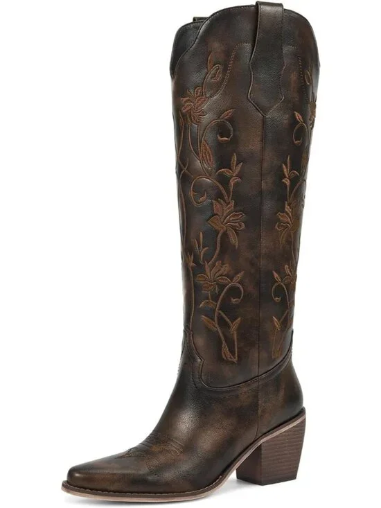 Women's Vintage Brown Cowboy Knee High Cowgirl Boots Pointed Toe Chunky Heels