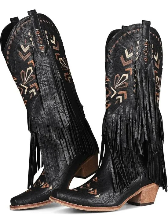 Women's Black Cowgirl Knee High Fringe Boots Rubber Fleece Microfiber