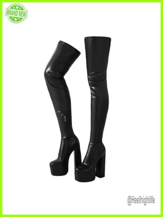 Over-the-knee Boots Thigh High Block Heel Faux Leather Zip Closure