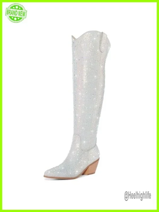 Rhinestone Over the Knee Cowboy Boots, Sparkly Bling Cowgirl Boots Western