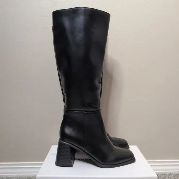 Black Square Toe Knee High Boots Minimalist