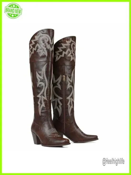 Over the Knee Boots Pointed Toe Chunky Heel Embroidered Western Cowgirl Boots