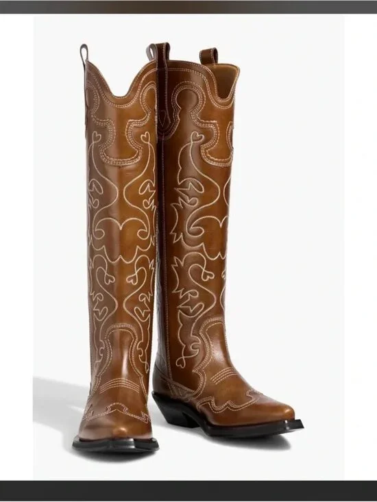 Ganni Knee High Leather Cowboy Western Boots Embroidered Brown Leather 40