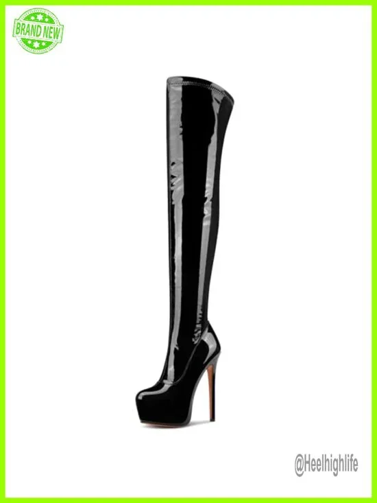 Patent Leather Over The Knee Stiletto Platform Boots Thigh High Heels 5.9in