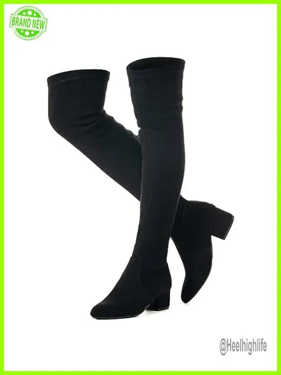 Thigh High Block Heel Over The Knee Boots Pointed Toe Stretch
