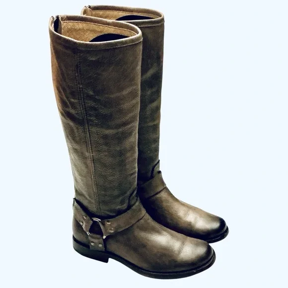 Frye Phillip Tall Harness Knee HighRiding Boots Distress Gray Leather Size 6B