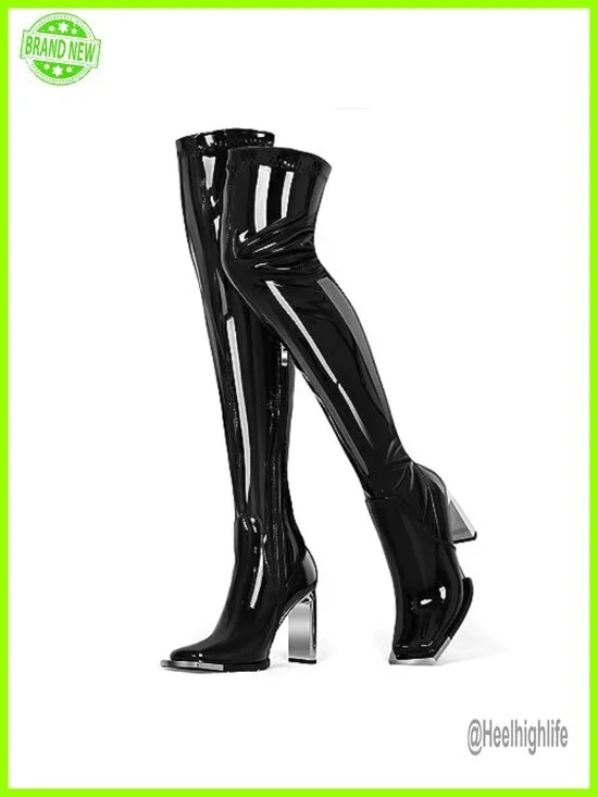Women Over the Knee Boots Square Toe Block Heel Latex Stretch Thigh High Boots