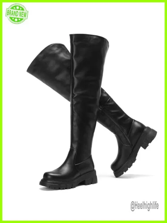 Thigh High Boots Over The Knee Platform Lug Sole Chunky Heel Faux Leather