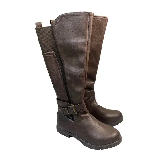 GC Shoes Women Size 8 Brown Faux Leather Riding Boots Knee‎ High Buckle Zip