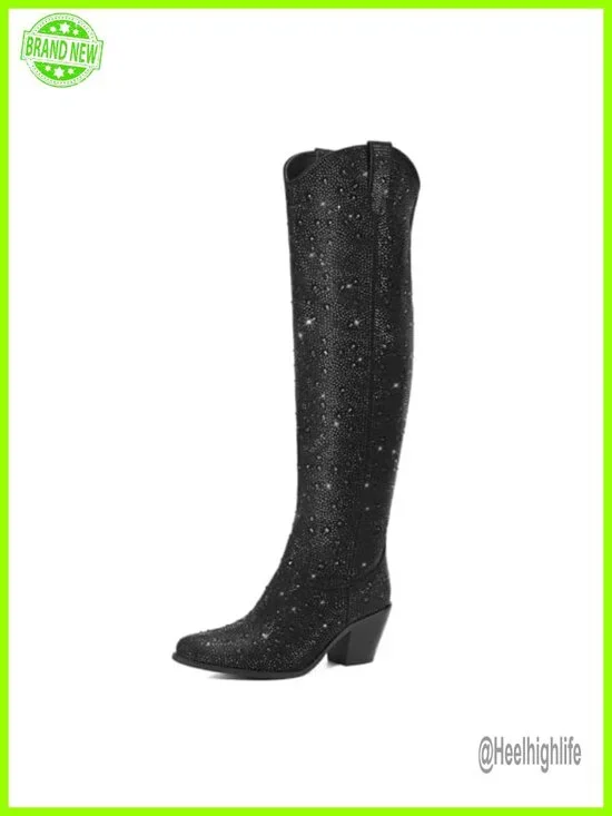 Rhinestone Cowgirl Over the Knee Boots Pointed Toe Chunky Heel Thigh High