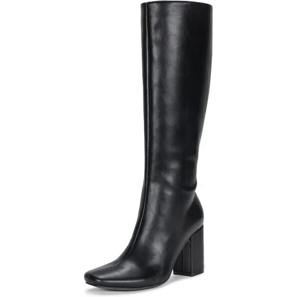 Women's Black Chunky Blocked Heel Squared Toe Long Boot Inside Zipper Tall Boots