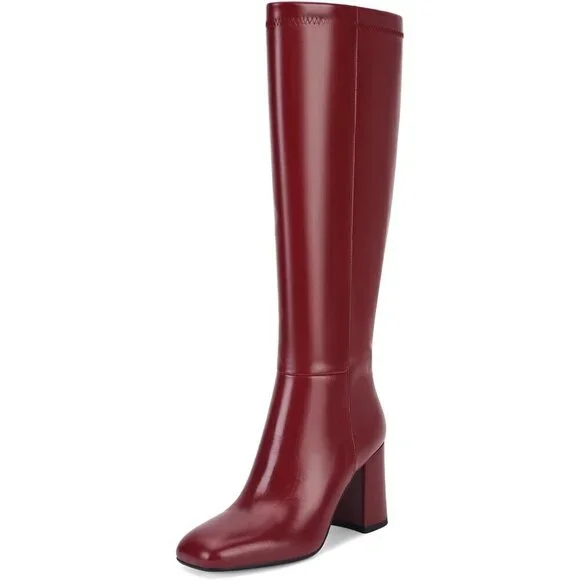 Women's Red Faux Leather Fashion Square Toe Chunky Heel Knee High Boots