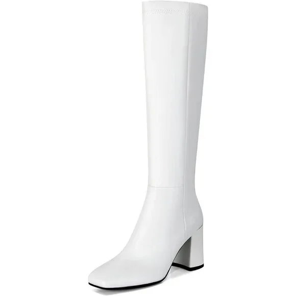 Women's White Faux Leather Fashion Square Toe Chunky Heel Knee High Boots