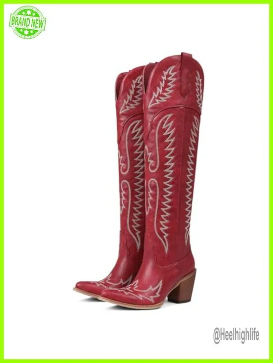 Over the Knee Cowboy Boots Faux Leather Chunky Heel Pointed Toe Pull On